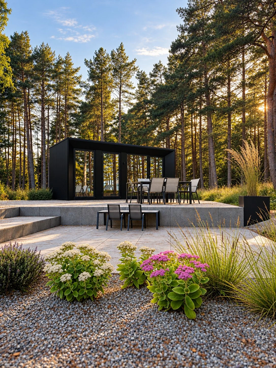 Glass-front ECHO cabin overlooking a landscaped terrace among pine trees