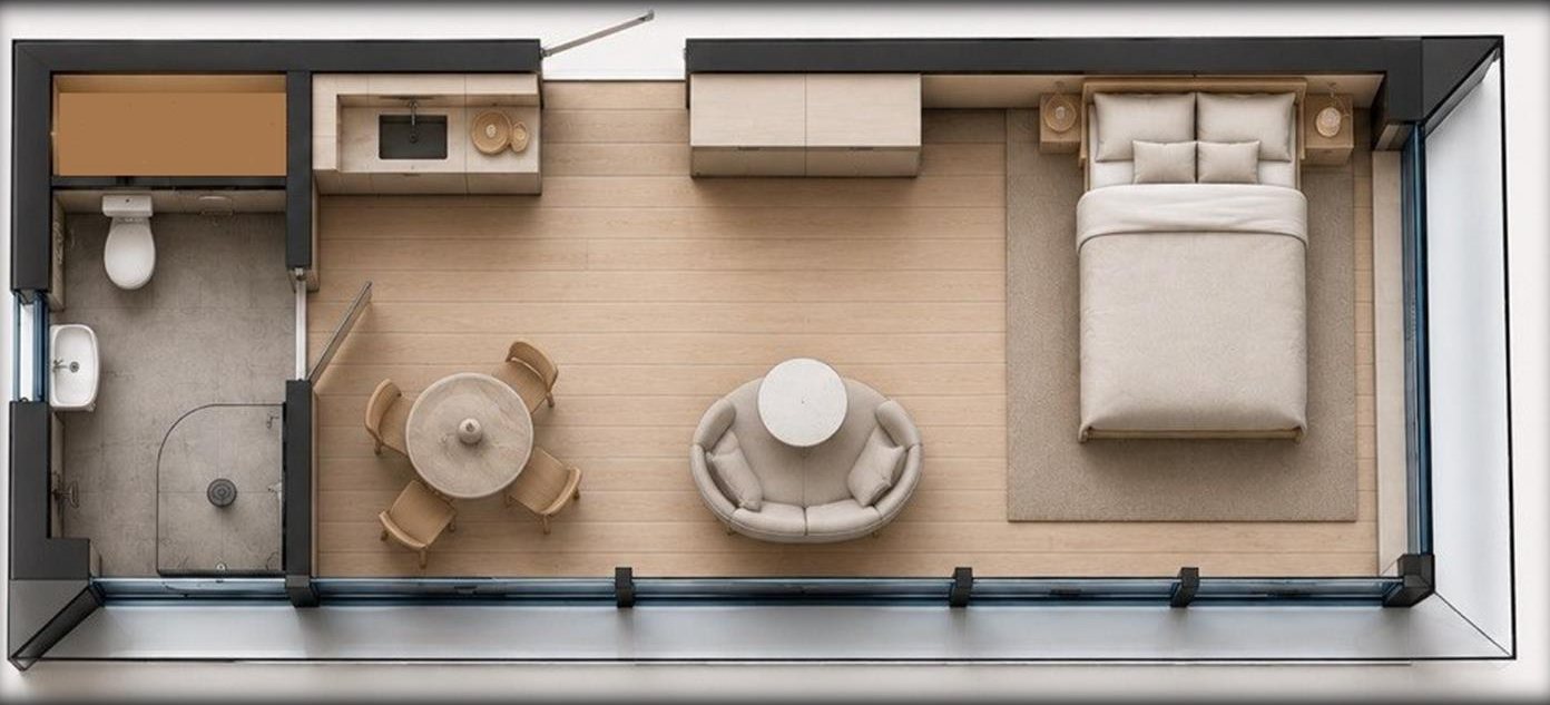 ECHO 20 floor plan: Open studio with bed, central seating and dining, a kitchen along the back wall and an enclosed bathroom. Furnishings shown for reference.