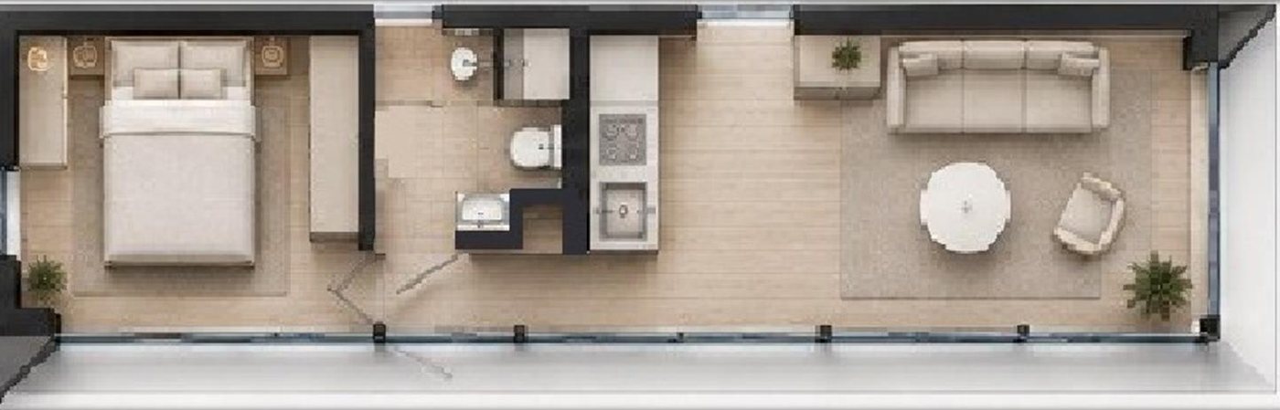 ECHO 30 floor plan: Separate bedroom with more space around the bed, a central bathroom and kitchen, and a living area on the right. Furnishings shown for reference.