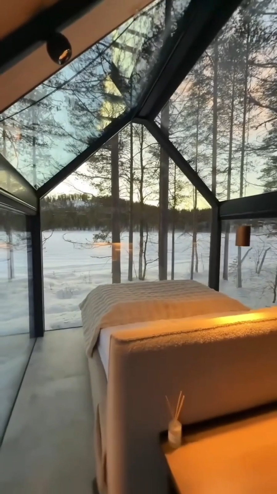 SENSE bedroom beneath a panoramic glass roof overlooking a snowy forest